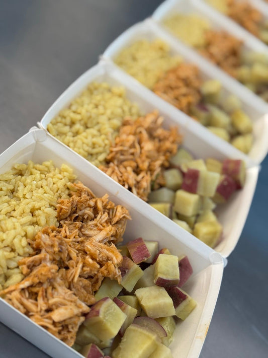 Frango desfiado + arroz + batata doce