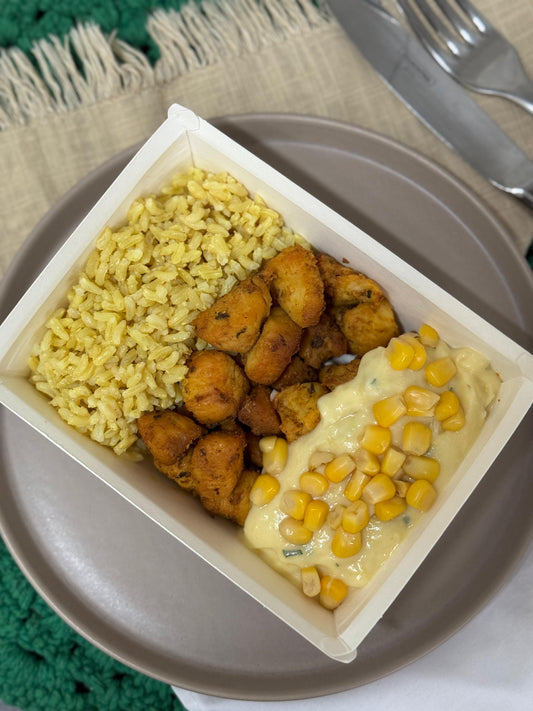 Frango em Cubinhos Grelhados + Arroz + Creme de Milho