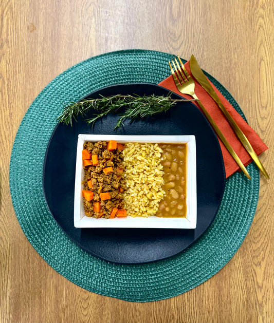 Patinho moído com cenoura + arroz integral + feijão carioca