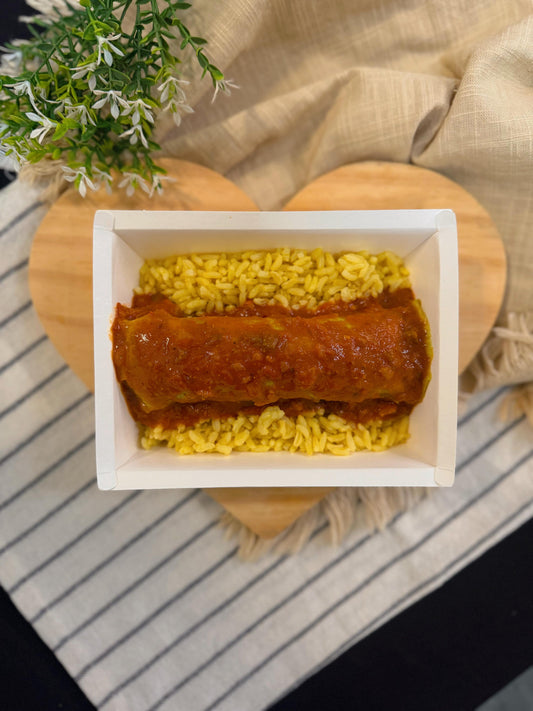 Panqueca de Espinafre com Carne Moída ao Molho Vermelho + Arroz