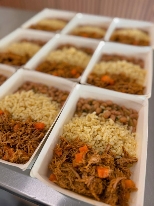 Patinho Desfiado com Cenoura + Arroz + Feijão Carioca